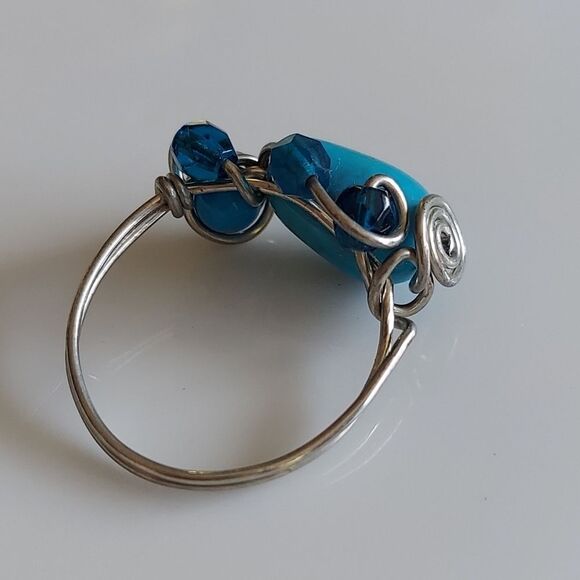 Handmade Turquoise & Blue Beaded Silver Wire Wrapped Ring Size 7.5 - Picture 3 of 11